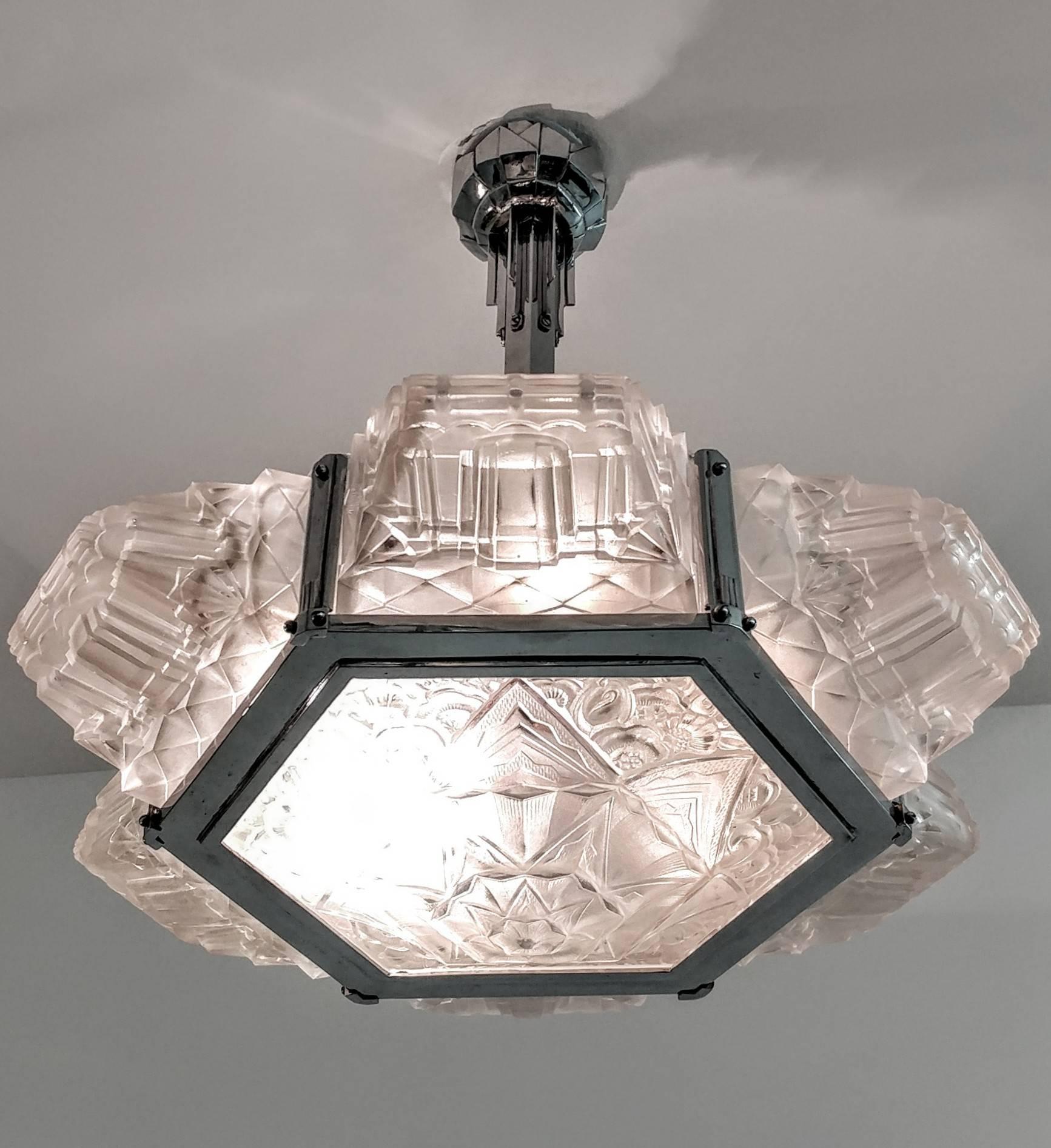 20th Century French Art Deco Pendant Chandelier by Hanots For Sale