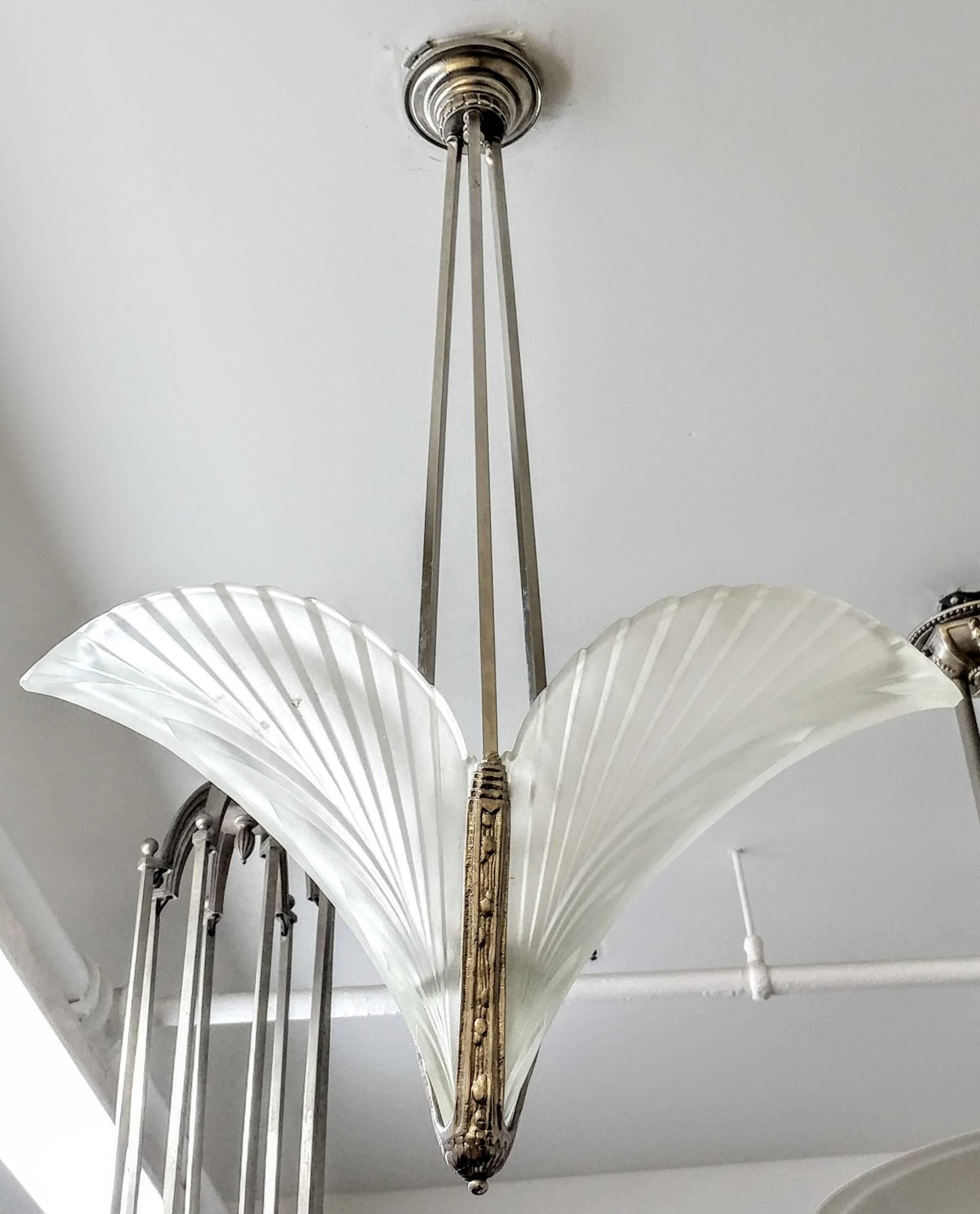 Cast French Art Deco Triangular Feather Chandelier