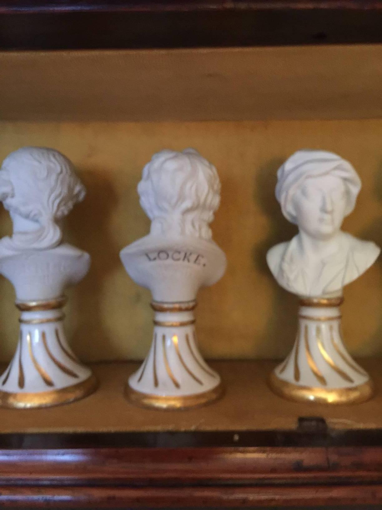 Veneer Seven Miniature Furstenberg Biscuit Porcelain Busts of English Men of Letters For Sale