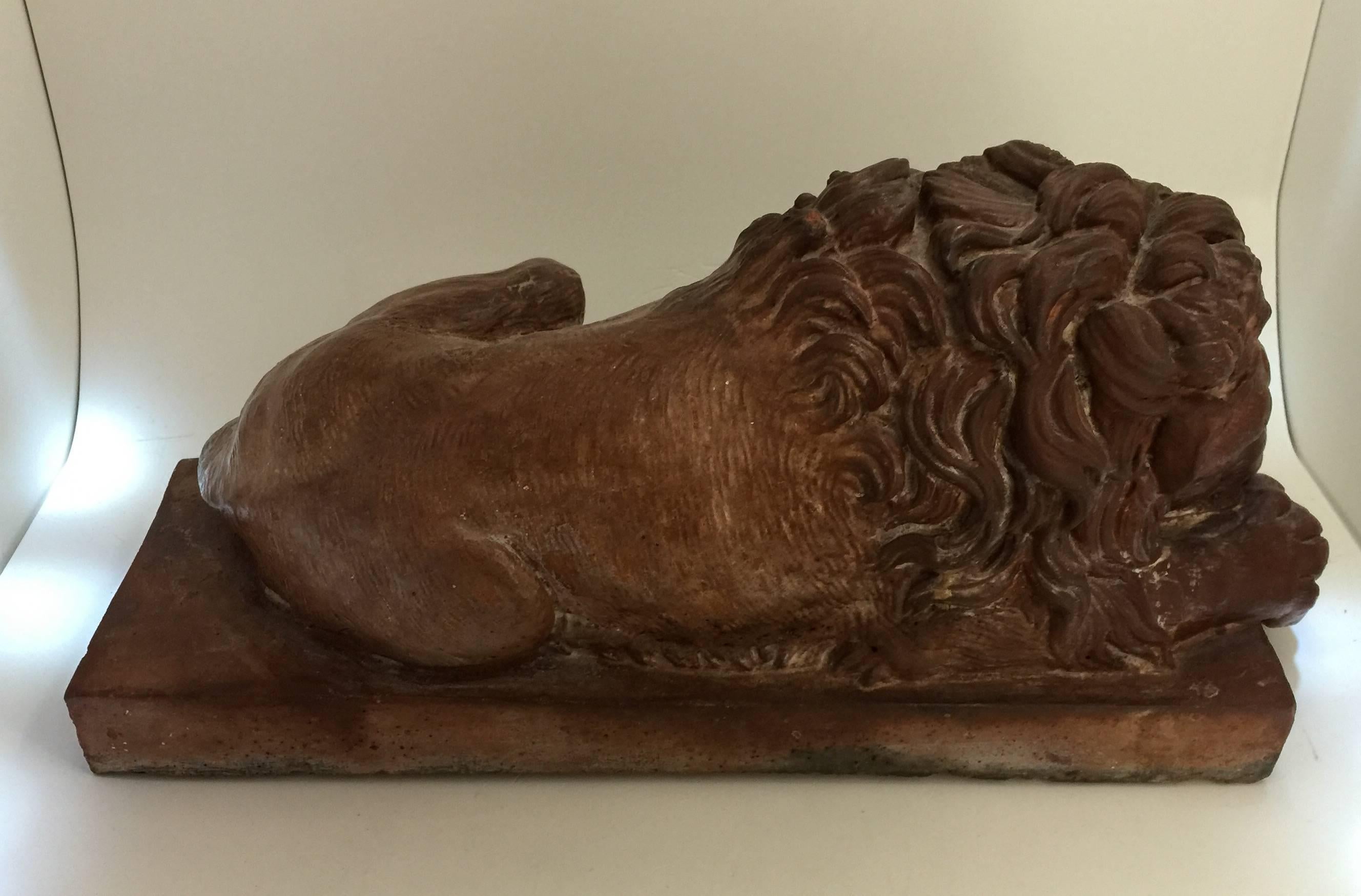 English Pair of Terracotta Lions, after Canova, 19th Century For Sale