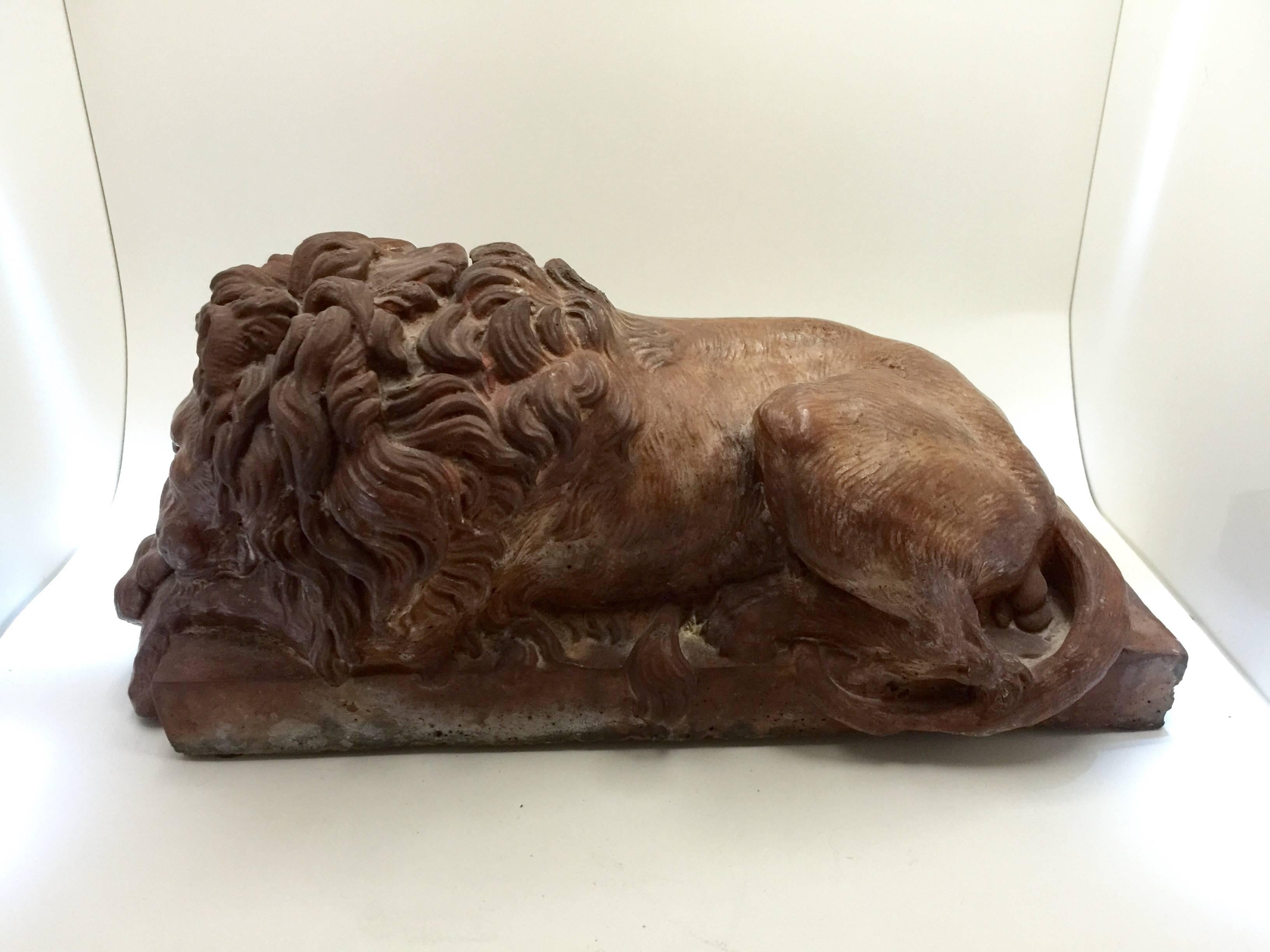 Pair of Terracotta Lions, after Canova, 19th Century In Good Condition For Sale In Spencertown, NY