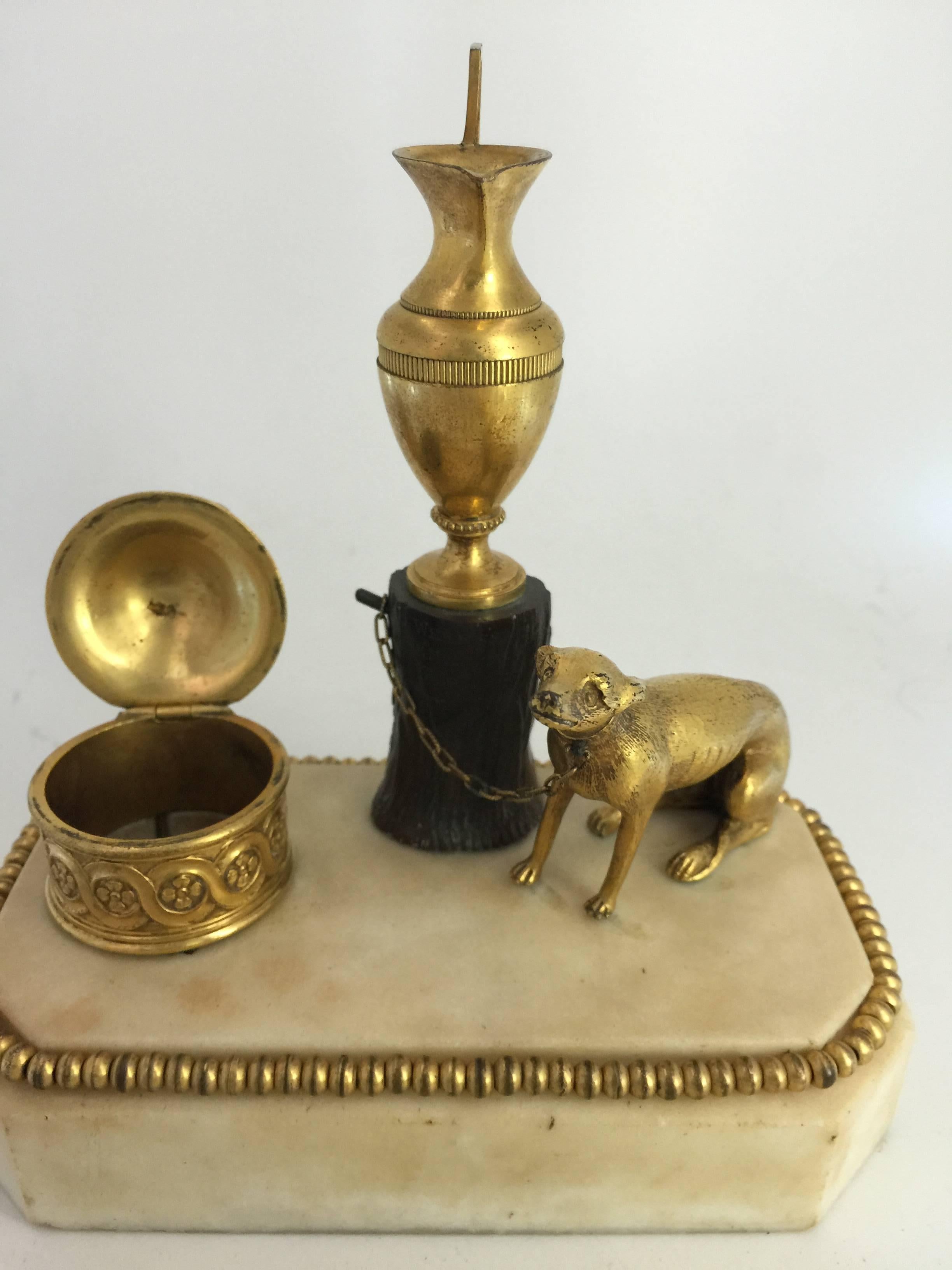 George III Ormolu, Patinated Bronze and White Marble Inkwell, circa 1800 In Good Condition In Spencertown, NY