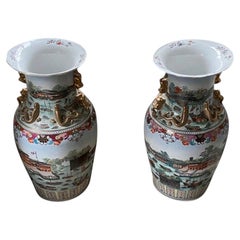 Large Pair of Chinese Porcelain Palace Vases with Views of the Hongs