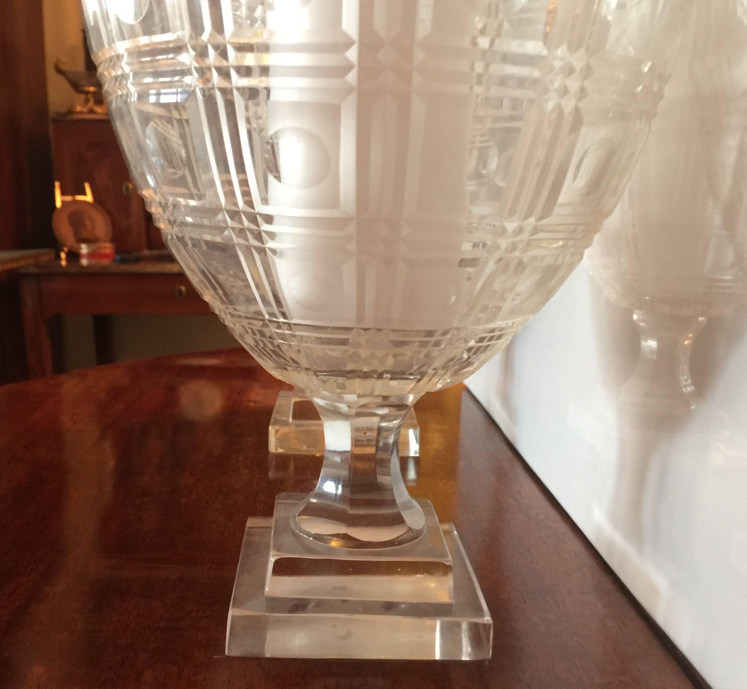 Etched Pair of Regency Style Glass Photophores, 20th Century