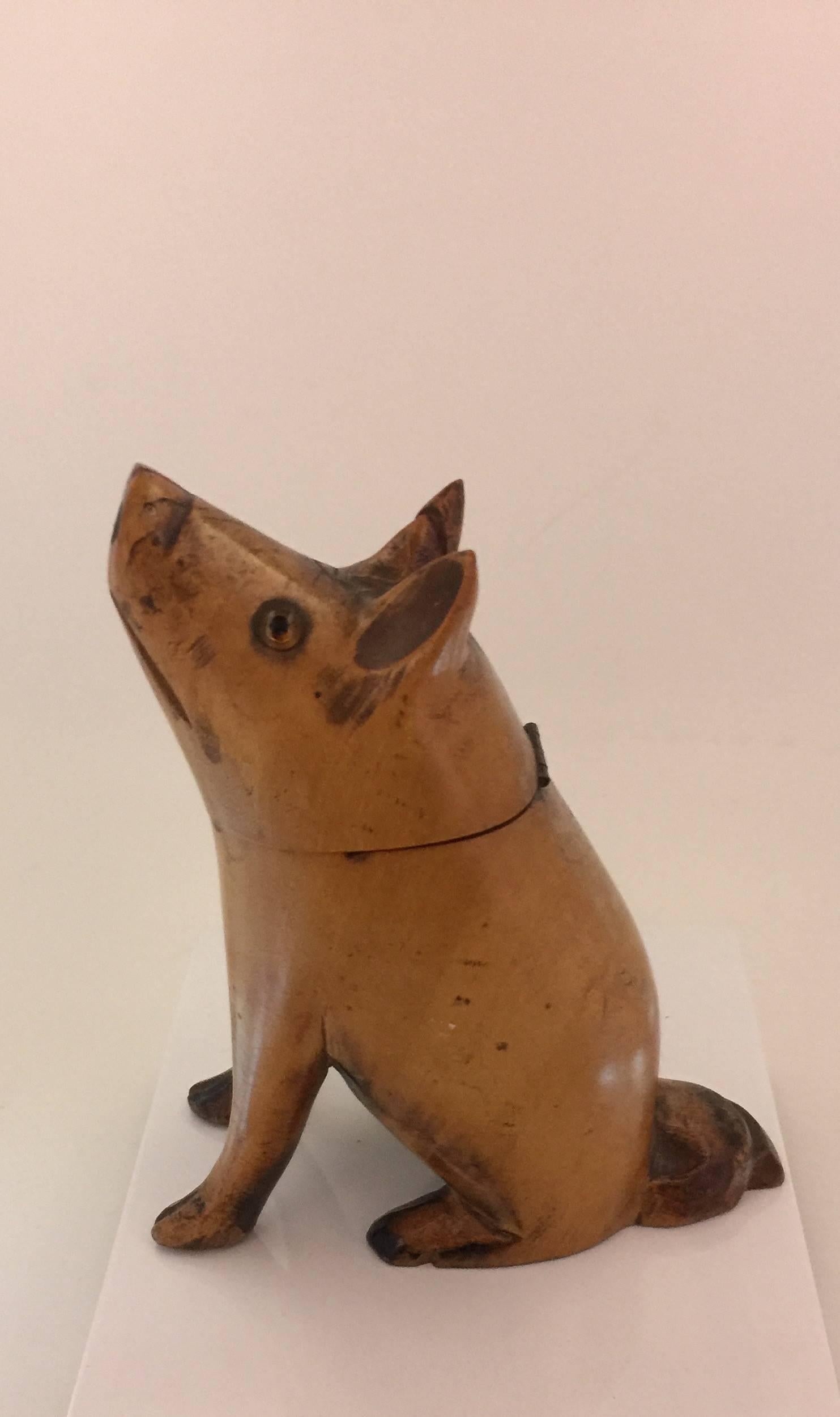 English Carved Victorian Pig Wooden Inkwell, 19th Century