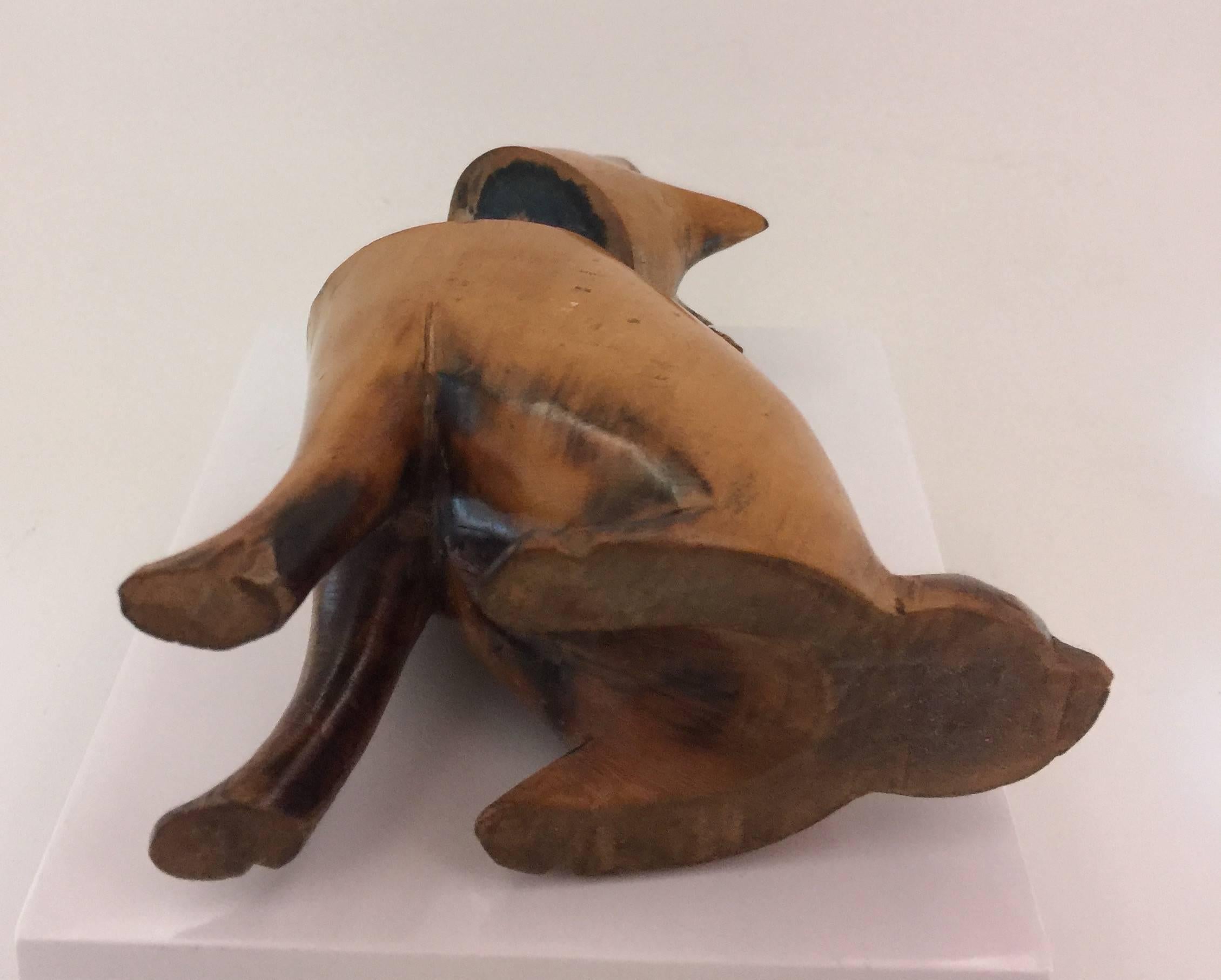 Carved Victorian Pig Wooden Inkwell, 19th Century In Distressed Condition In Spencertown, NY