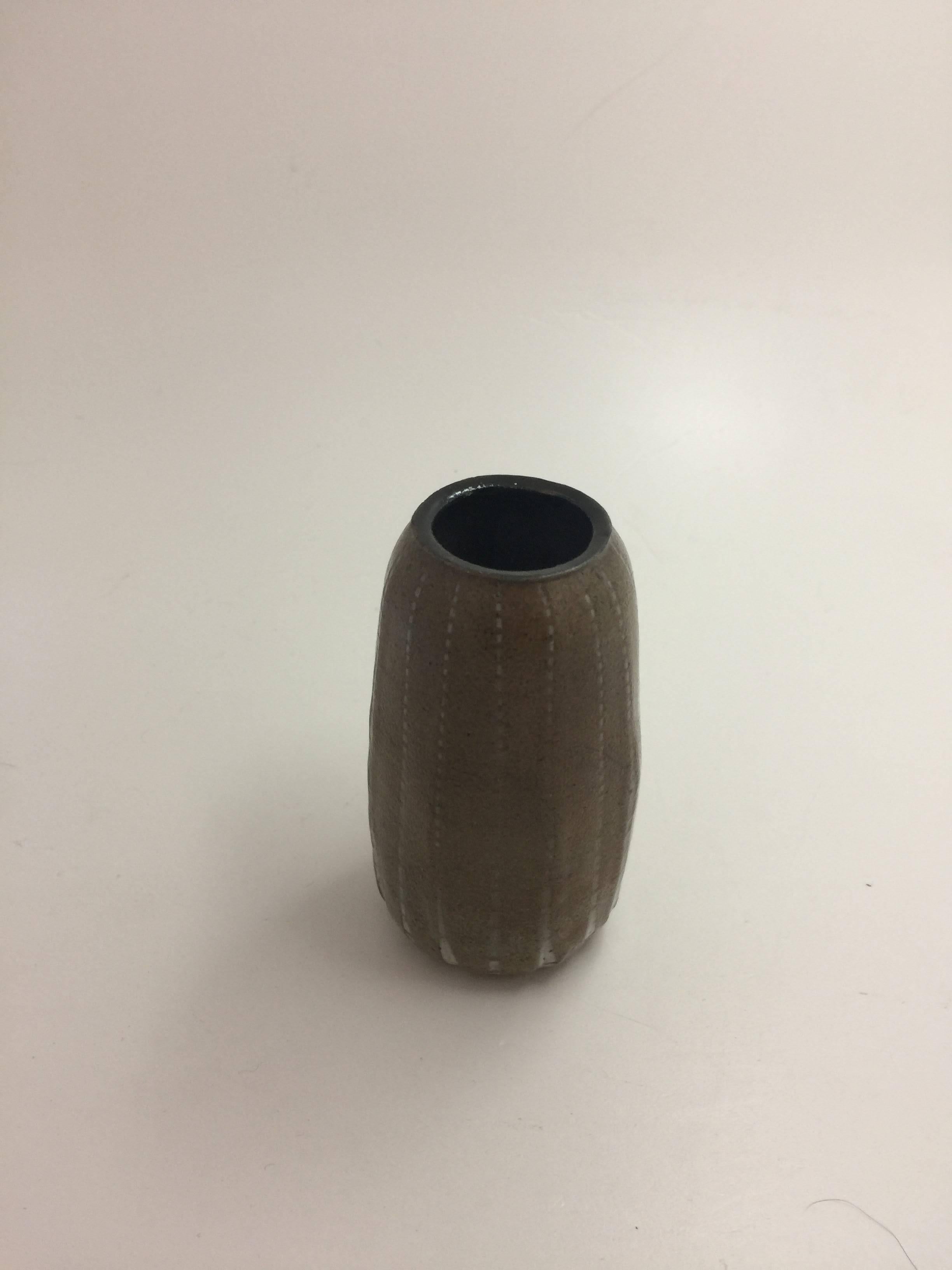 Martin Brothers Miniature Ribbed Vase, Signed and Dated, 1908 In Excellent Condition In Spencertown, NY