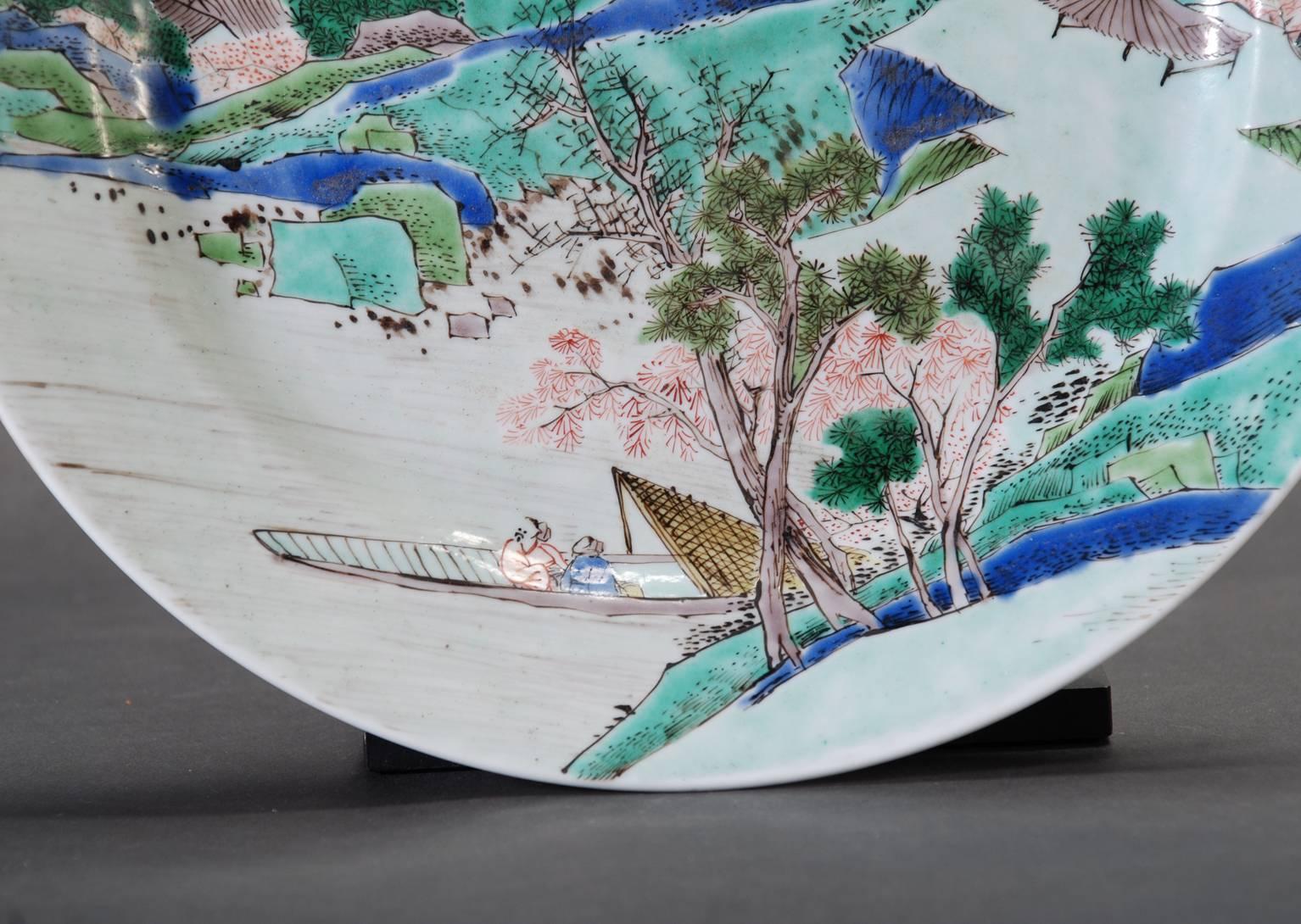 Chinese Export Chinese Porcelain Famille Verte Landscape Plate with Poem For Sale