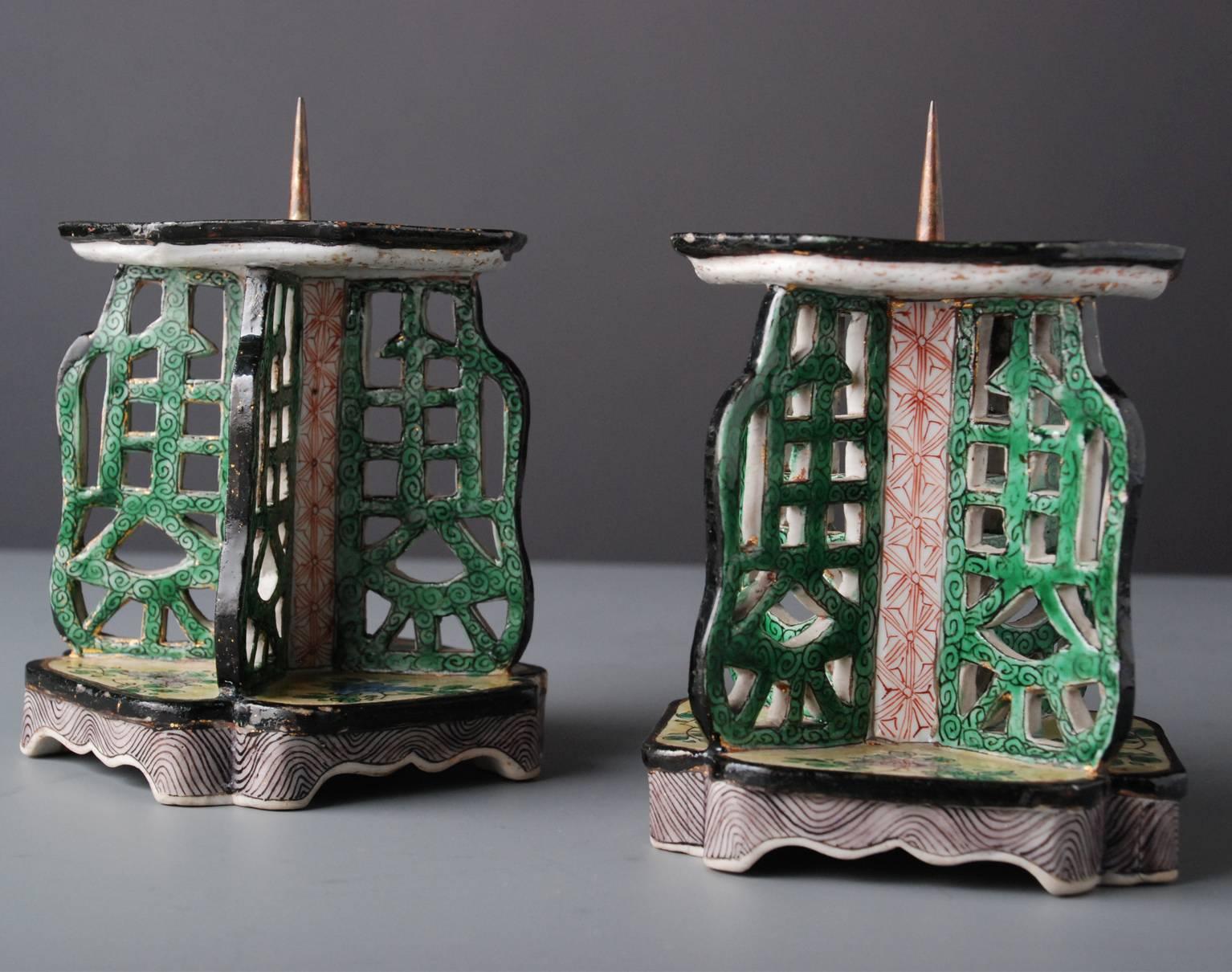 Pair of Chinese Enamel on Biscuit Porcelain Candlesticks In Distressed Condition For Sale In 's-Hertogenbosch, NL