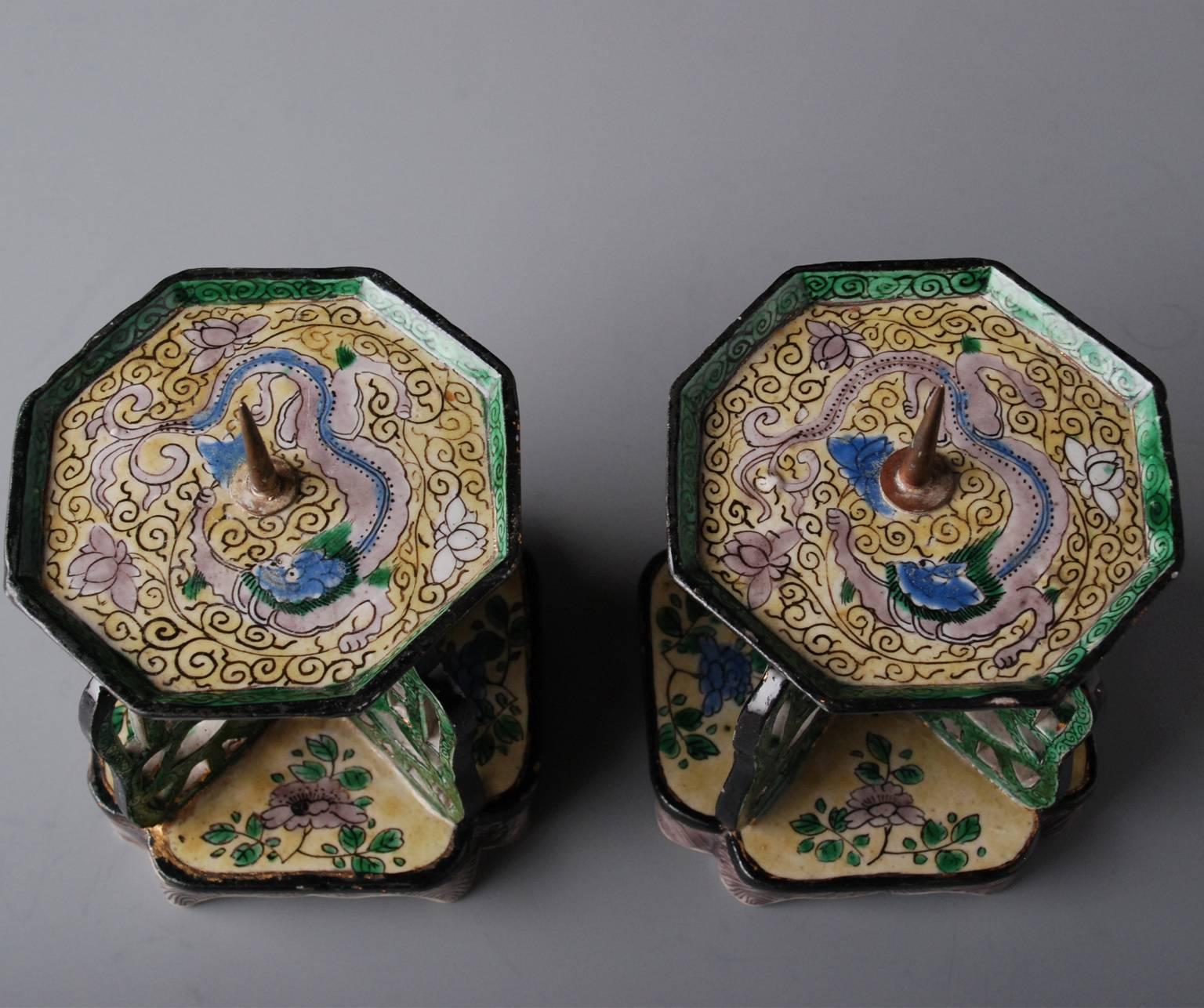 Pair of Chinese Enamel on Biscuit Porcelain Candlesticks For Sale 1