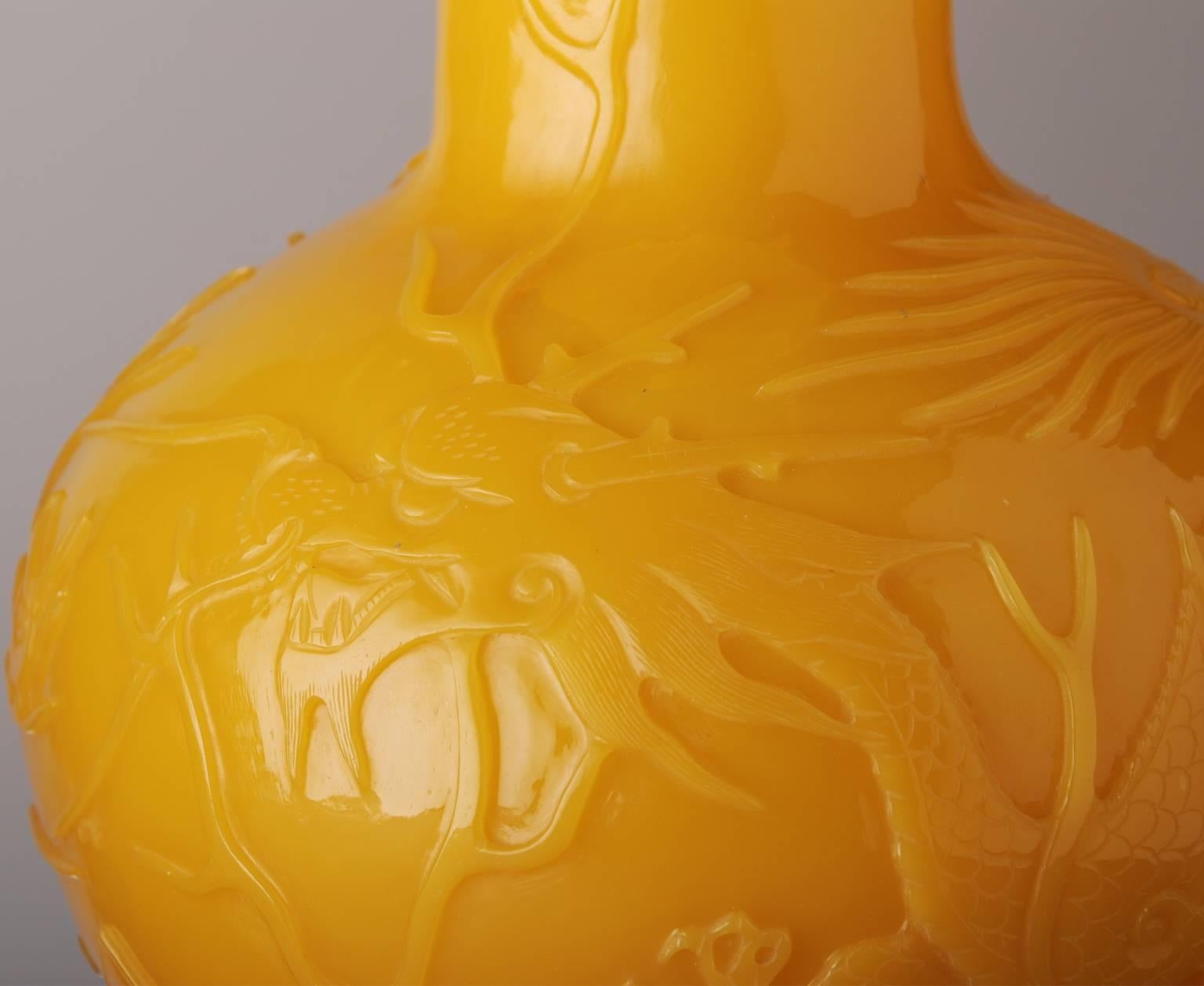 20th Century Pair of Chinese Beijing Yellow Glass Dragon Bottles For Sale