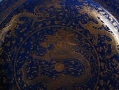 Chinese Powder Blue Large Deep Dish with Golden Dragons