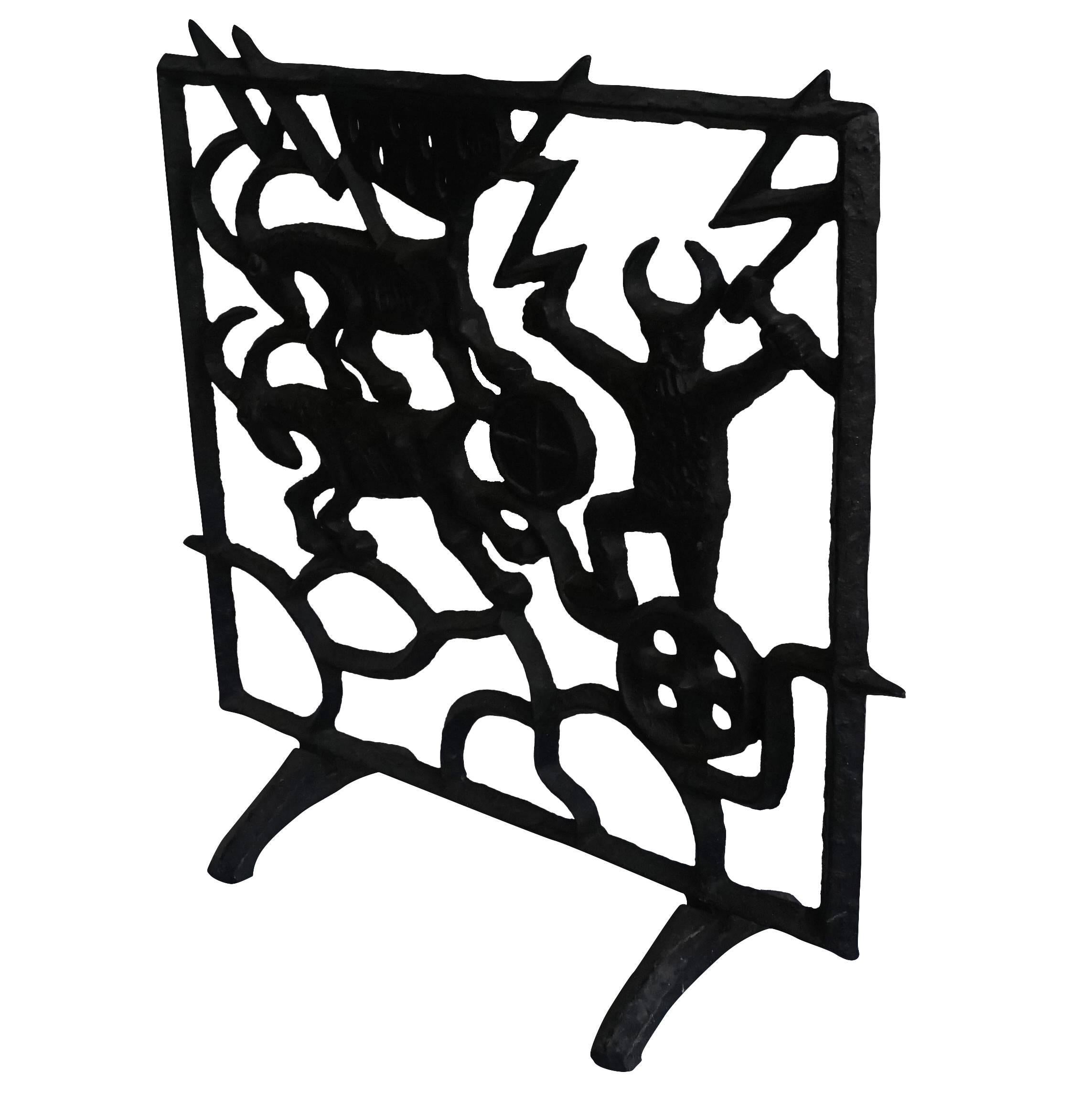 An Art Deco fireplace screen designed by Olle Hermansson, depicting mountain goats and a sheppard. Sculpted cast iron, minor wear. Ca. 1955-60 Huskvarna, Sweden.