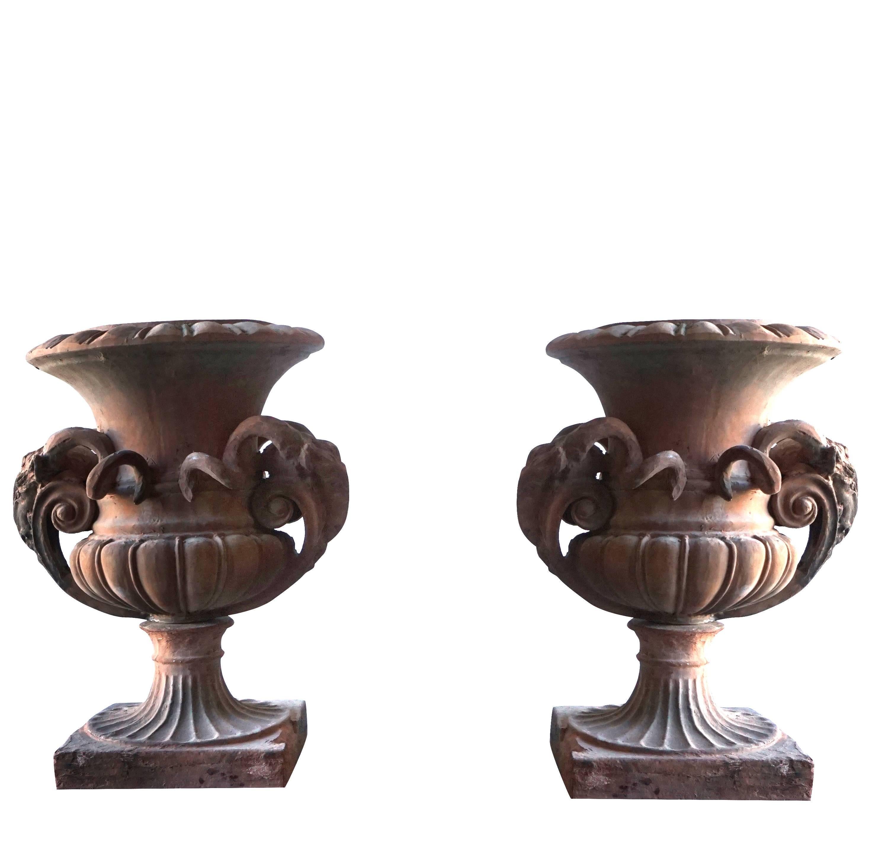 Late 19th Century Pair of Tuscan Neoclassical Style Urns in Terracotta