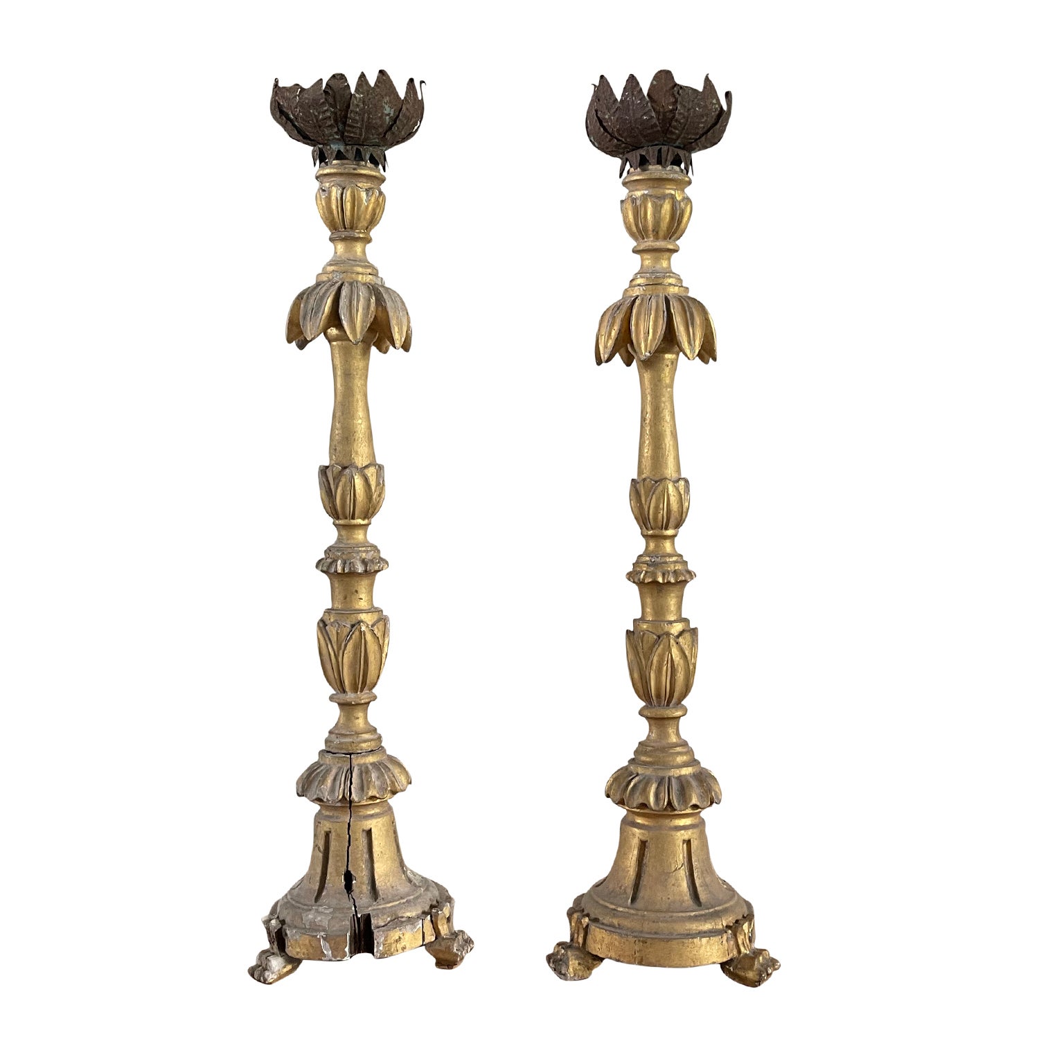 19th Century Gold French Pair of Antique Gilded Pinewood Candle Holders For Sale
