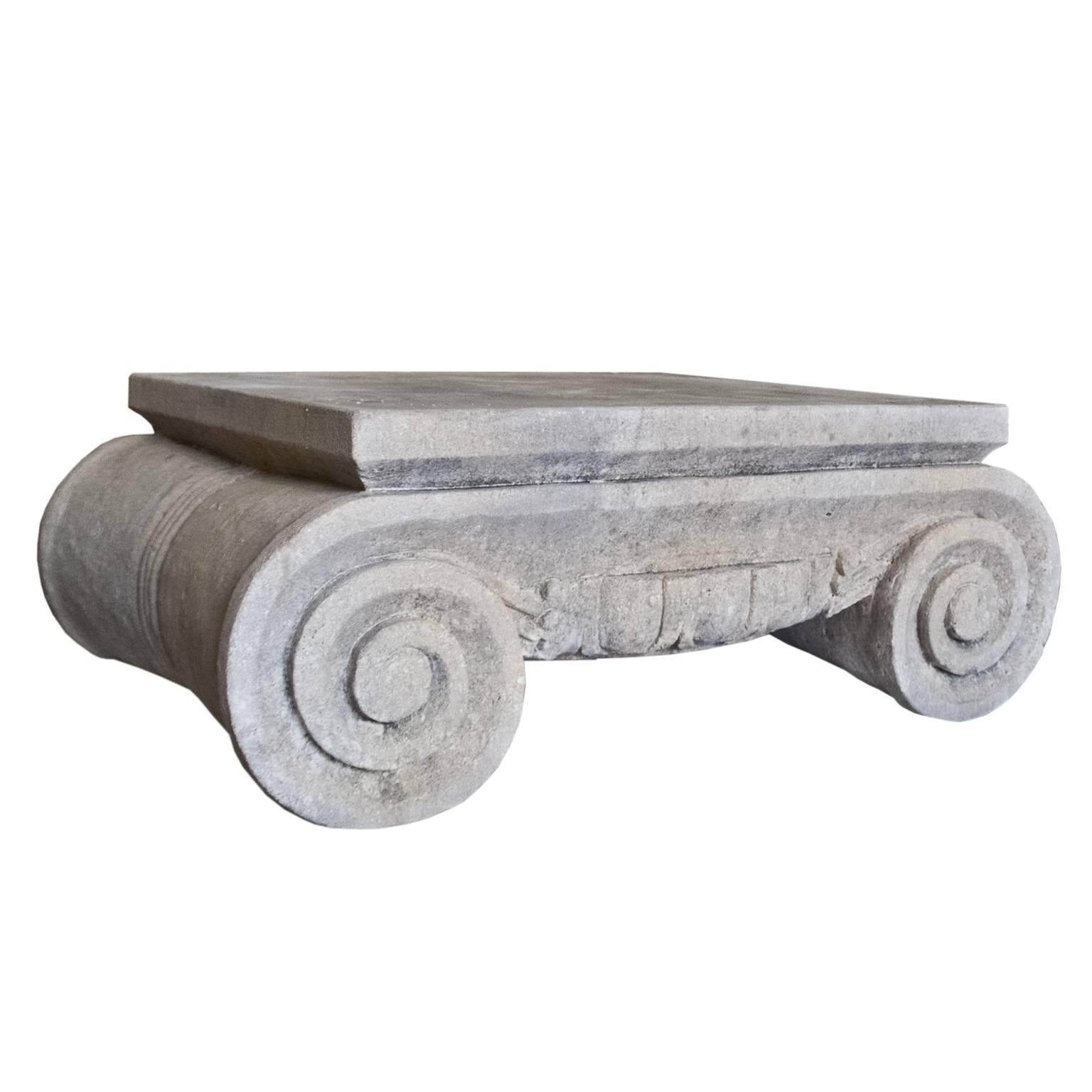 Late 19th century coffee table in the Ionic Capitol style hand-carved in limestone, Italy.
 