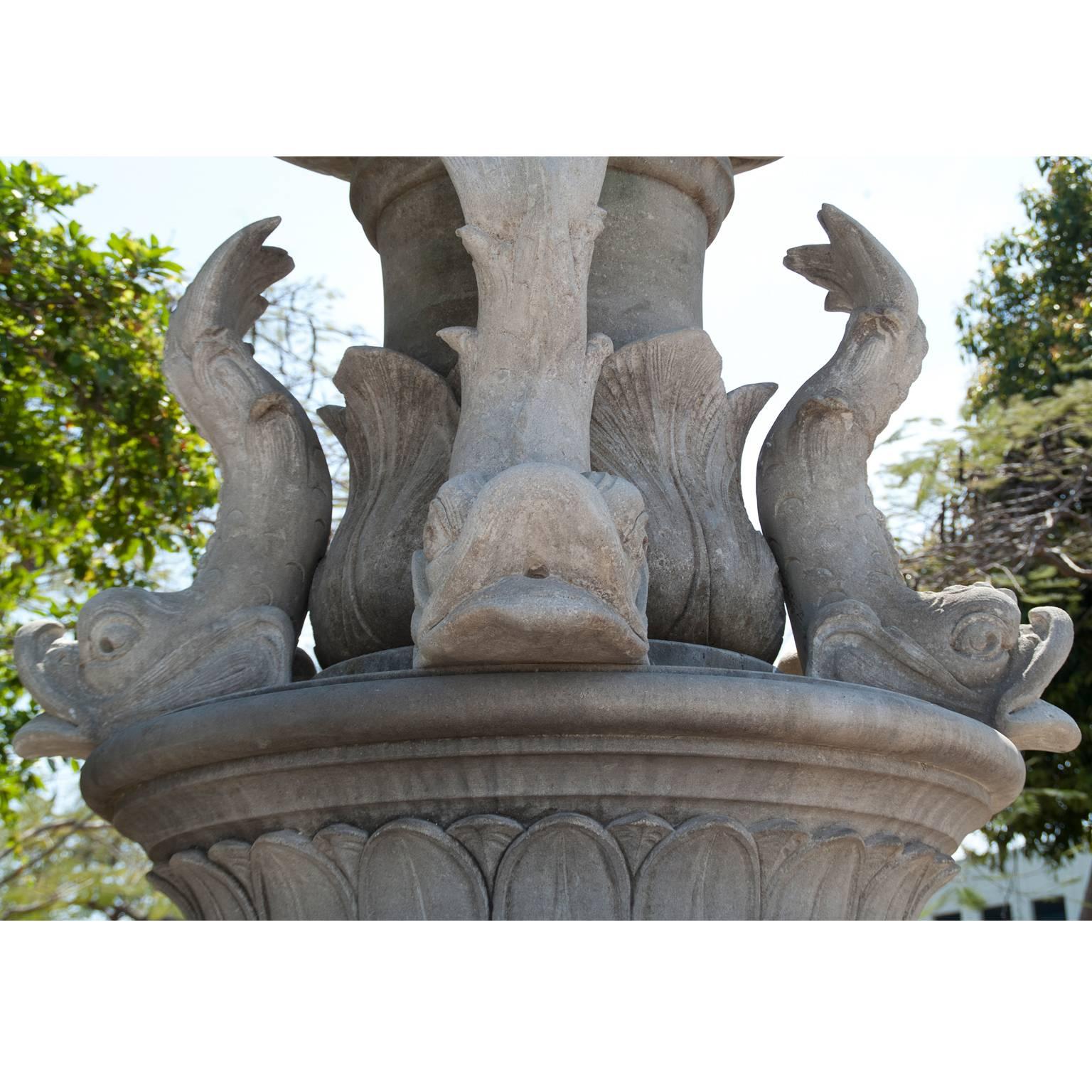 19th Century Large Circular Garden Fountain Neptune, Italian Limestone Fountain For Sale 1