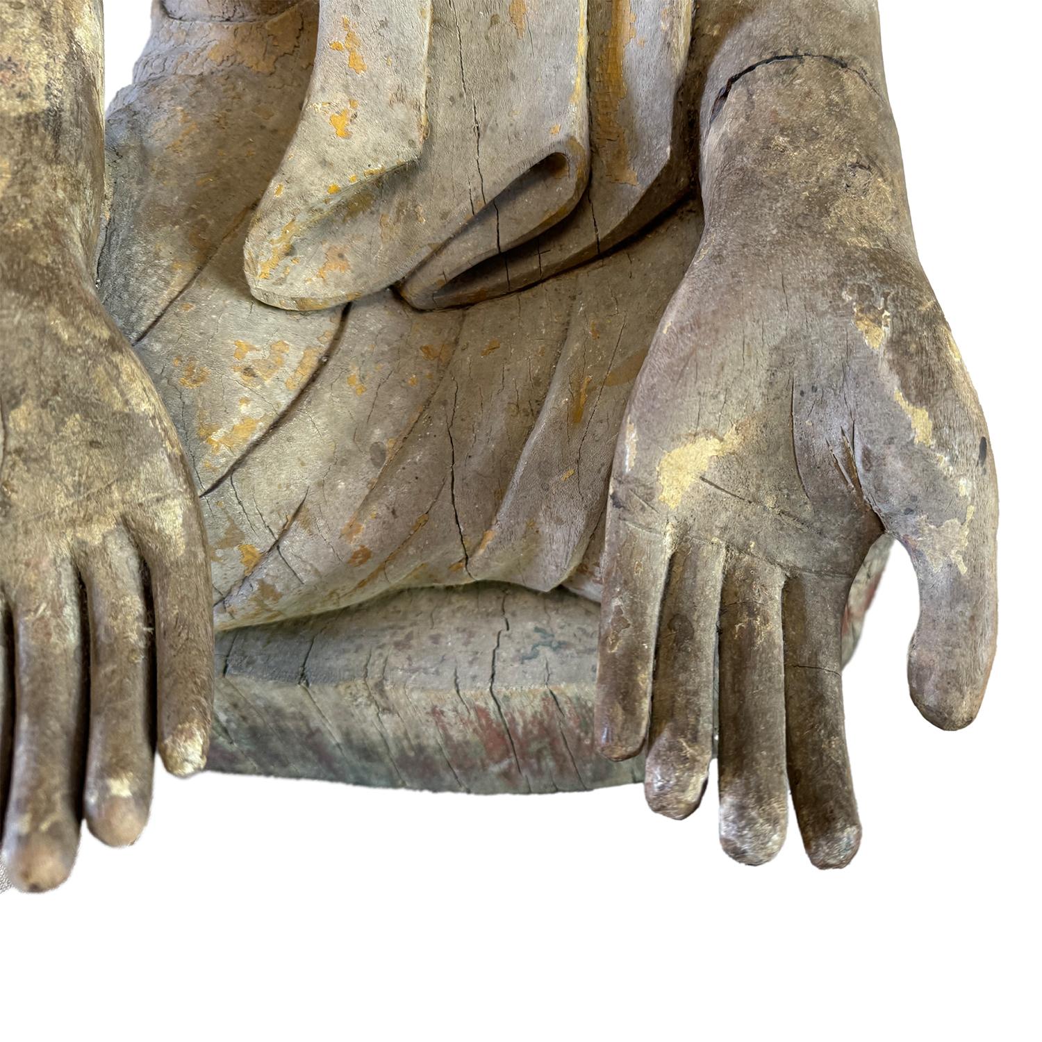 Moine asiatique agenouillé du XVIIIe siècle en Anjali Mudra - Sculpture ancienne en bois de teck en vente 1