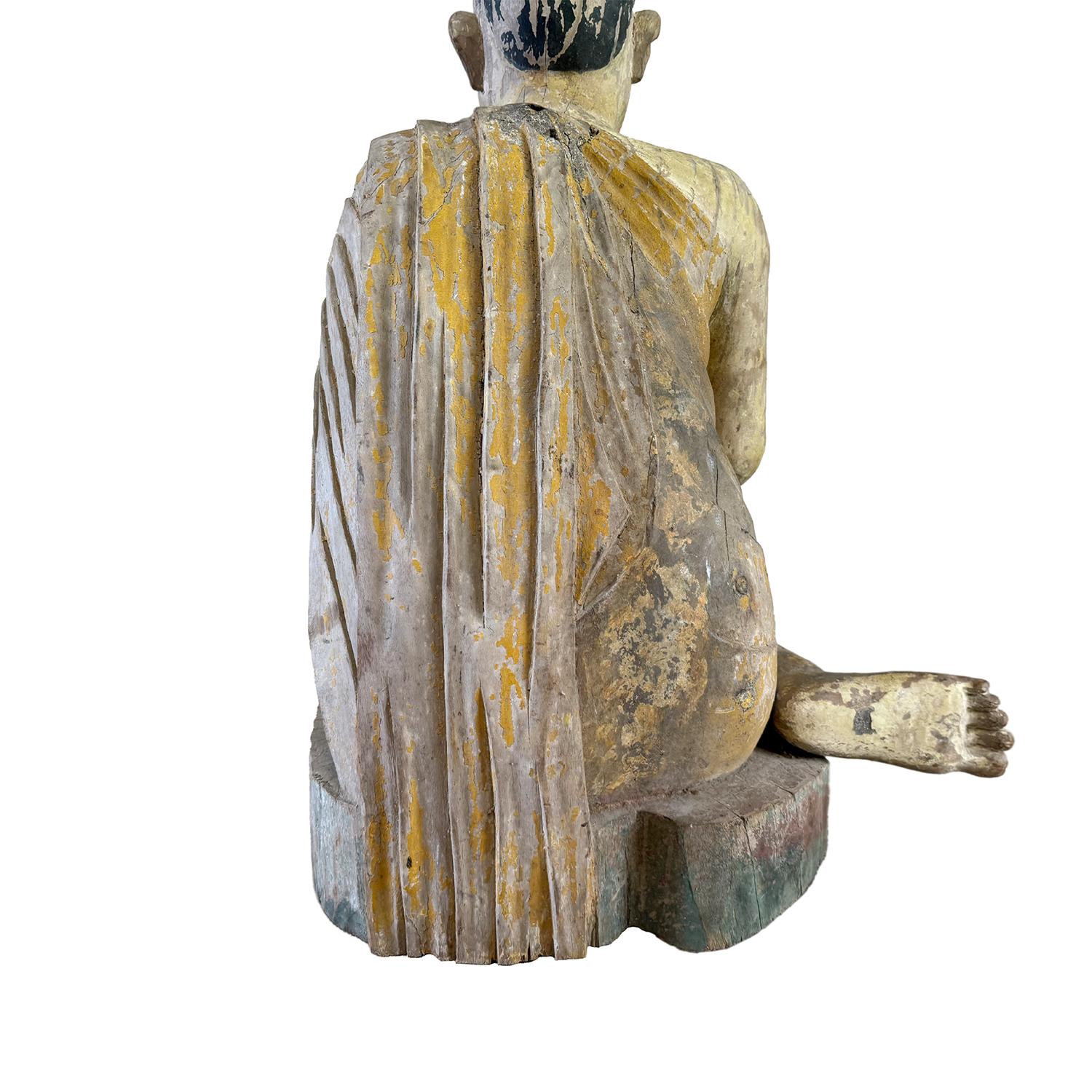 Moine asiatique agenouillé du XVIIIe siècle en Anjali Mudra - Sculpture ancienne en bois de teck Bon état - En vente à West Palm Beach, FL