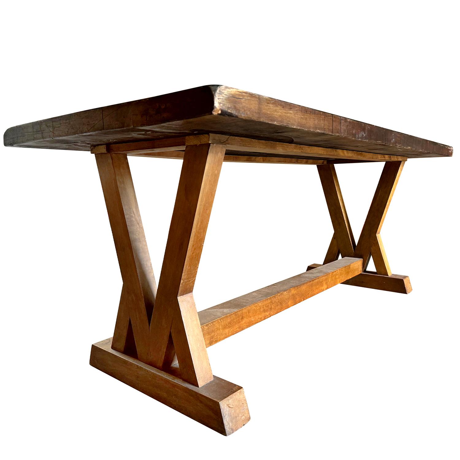 20th Century French Rectangular Walnut Trestle Table - Vintage Dining Room Table For Sale 1