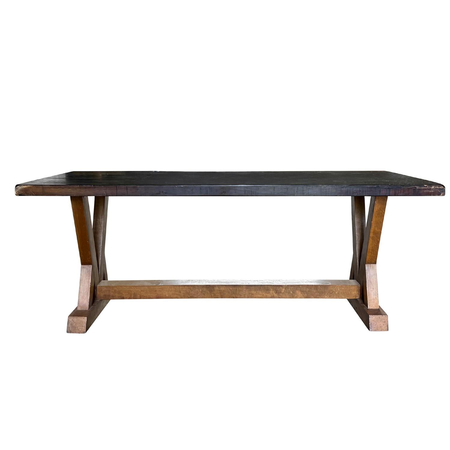 Hand-Carved 20th Century French Rectangular Walnut Trestle Table - Vintage Dining Room Table For Sale