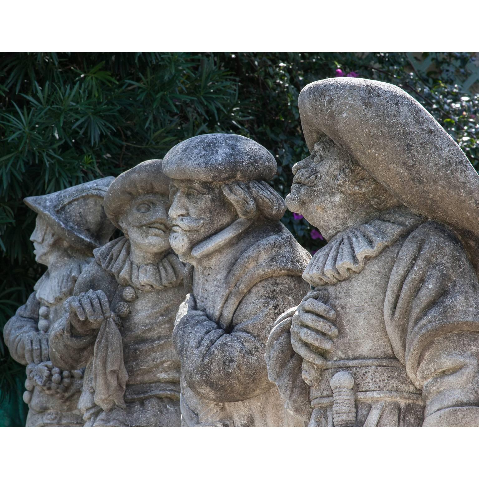Italian 20th Century Set of Four Harlequin Garden Statues in Limestone