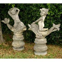 19th Century Pair of Italian Cherub Statues in Limestone