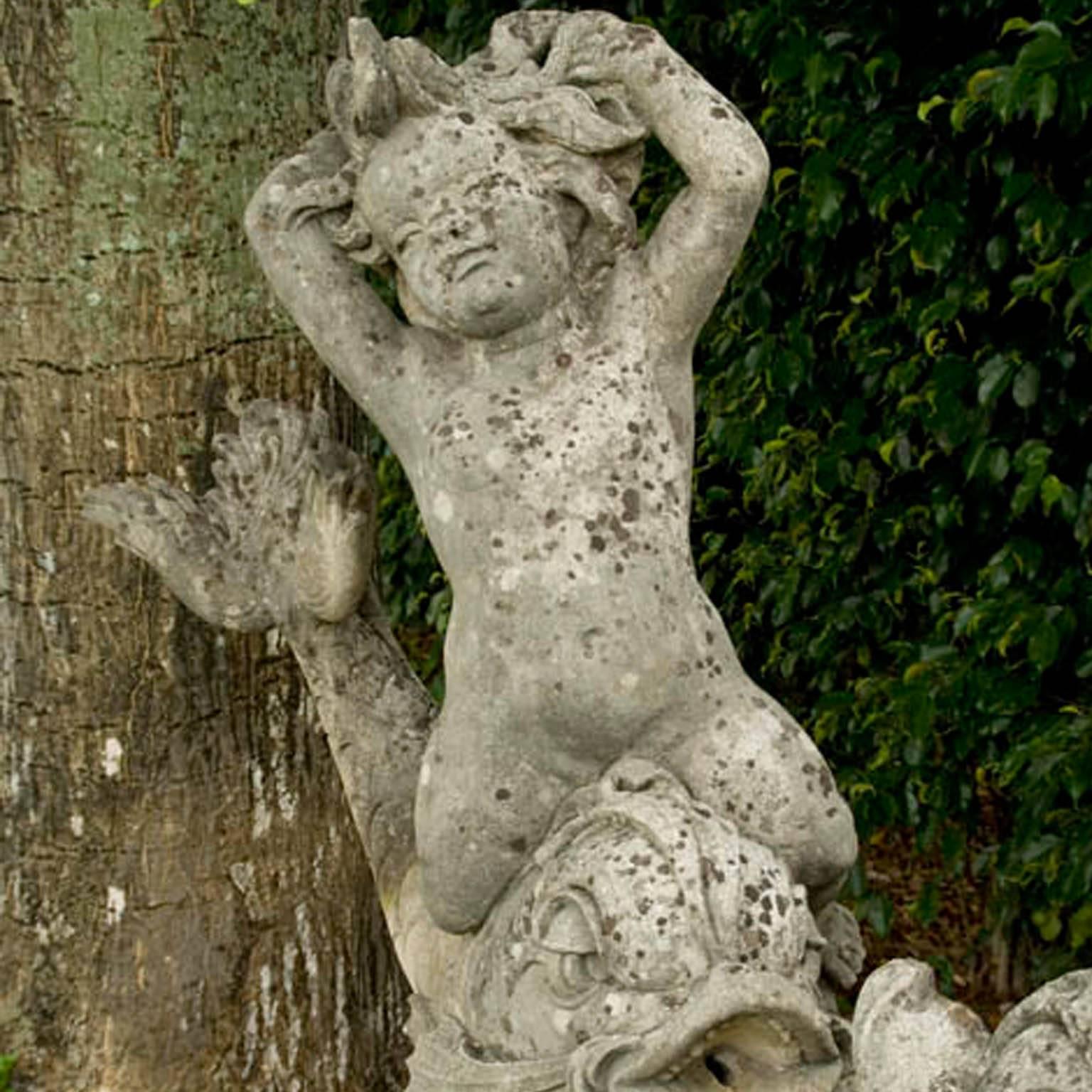 Baroque 19th Century Pair of Italian Cherub Statues in Limestone