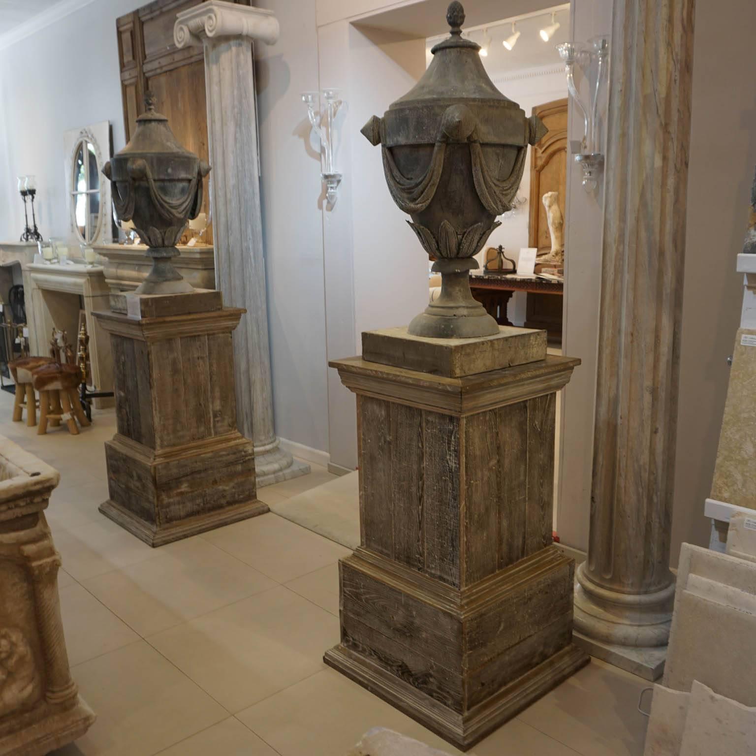 Napoleon III Mid-19th Century antique Pair of French Zinc Urn Finials on plinths