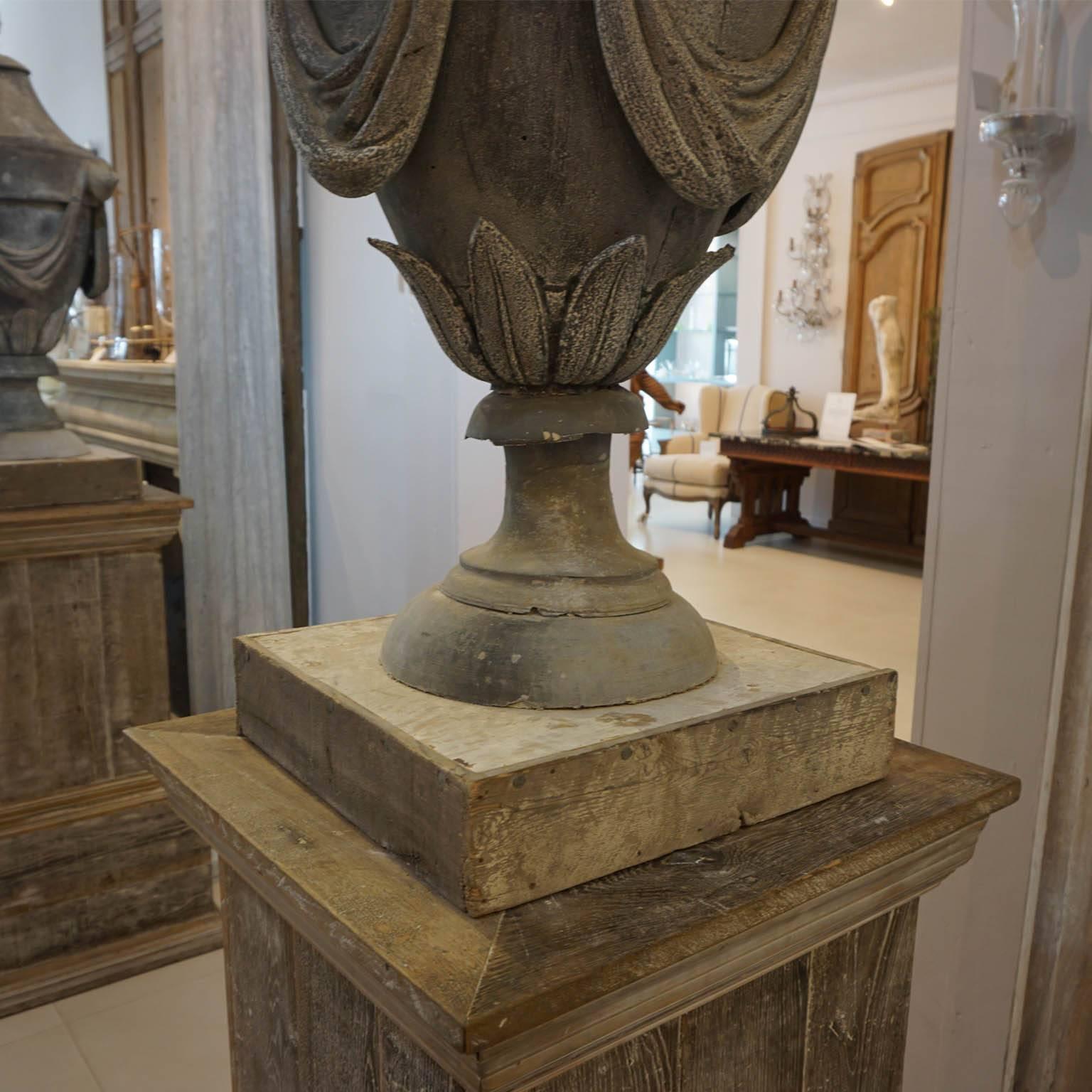 Hand-Crafted Mid-19th Century antique Pair of French Zinc Urn Finials on plinths