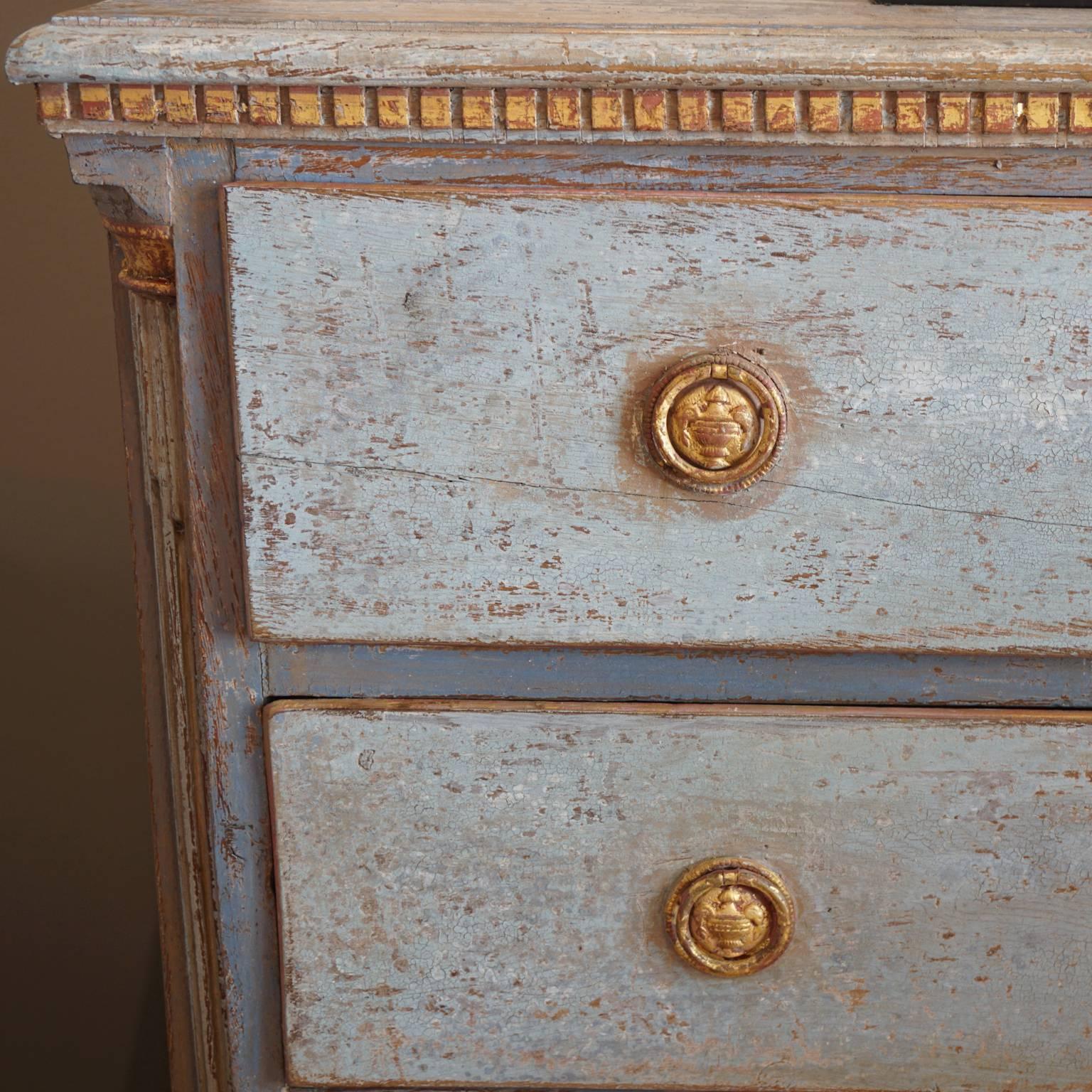 19th Century Blue-Grey Swedish Gustavian Chest, Neoclassical Pinewood Commode 1