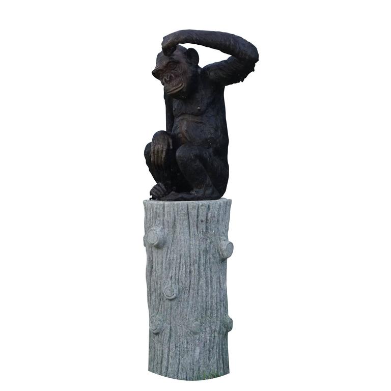 20th Century Bronze Monkey Garden Statue on a Faux Bois Base, French