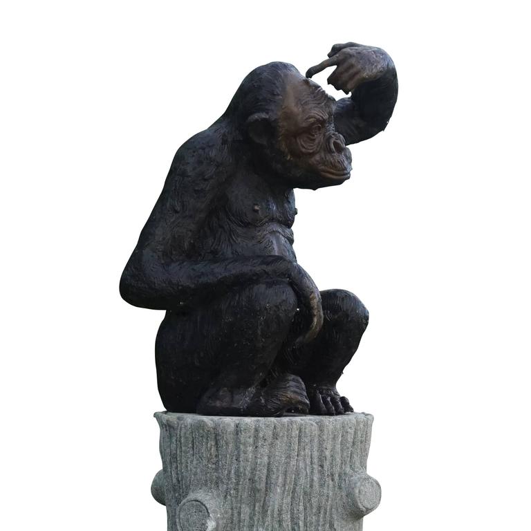 20th Century Bronze Monkey Garden Statue on a Faux Bois Base, French