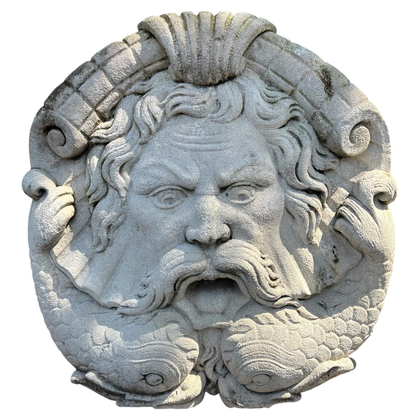 Mythical Poseidon Limestone Wall Mask For Sale