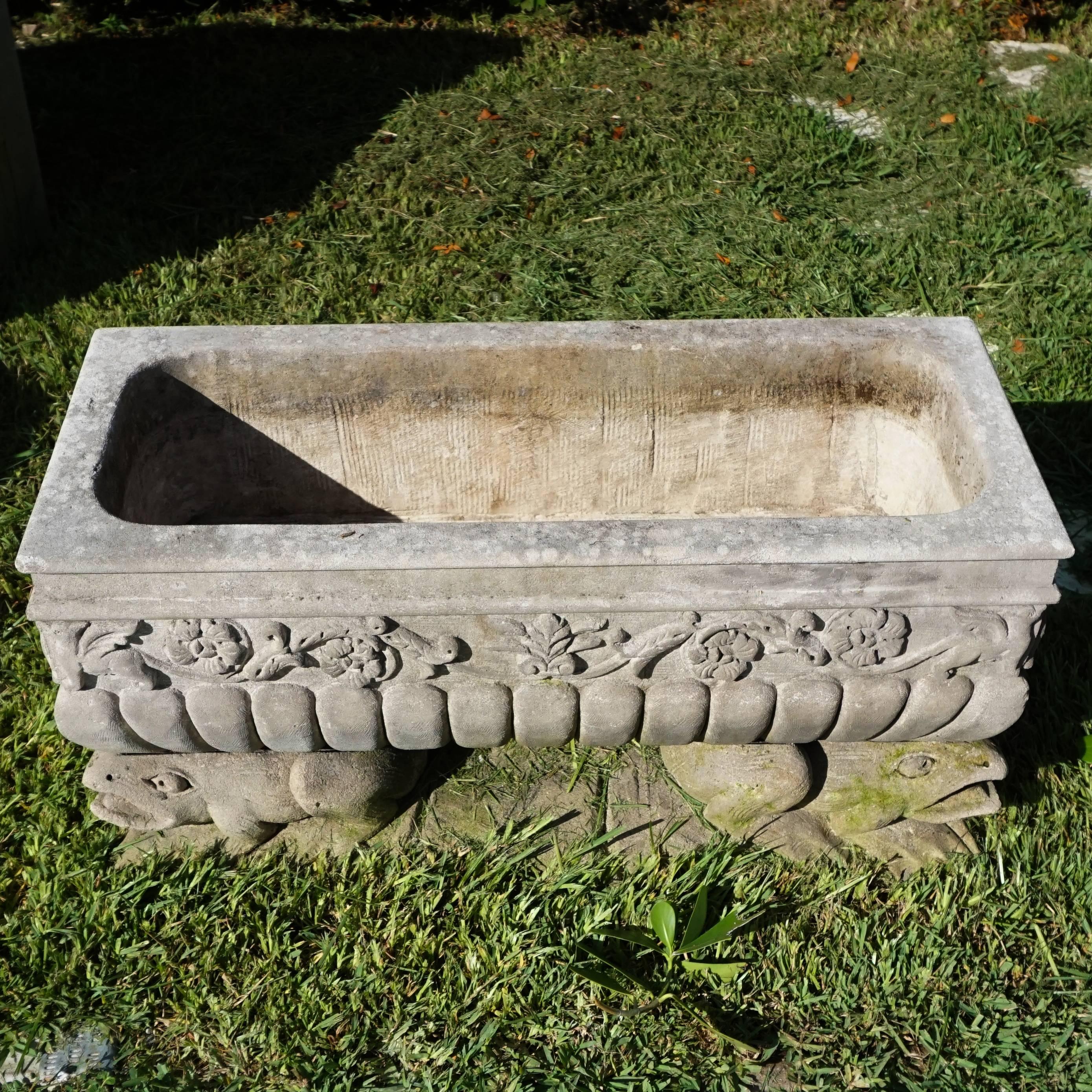 Hand-Carved Mid-20th Century Italian Trough Jardiniere with Frogs in Limestone