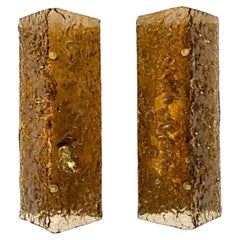 Pair of Mid-Century Murano Amber Textured Glass Rectangular Wall Sconces, Italy