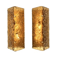 Pair of Mid-Century Murano Amber Textured Glass Rectangular Wall Sconces, Italy