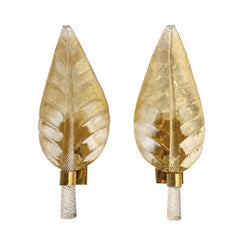Pair of Murano Hand-Blown Gold-Inclusion Glass Leaf Wall Sconces