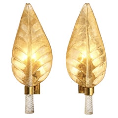 Pair of Murano Hand-Blown Gold-Inclusion Glass Leaf Wall Sconces