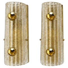 Pair of Mid-Century Murano Ribbed Glass Wall Sconces with Brass Sphere Mounts