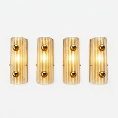 Pair of Mid-Century Murano Ribbed Glass Wall Sconces with Brass Sphere Mounts
