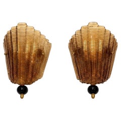 A Pair of Mid-Century Murano Amber Glass Wall Sconces in the Style of Venini