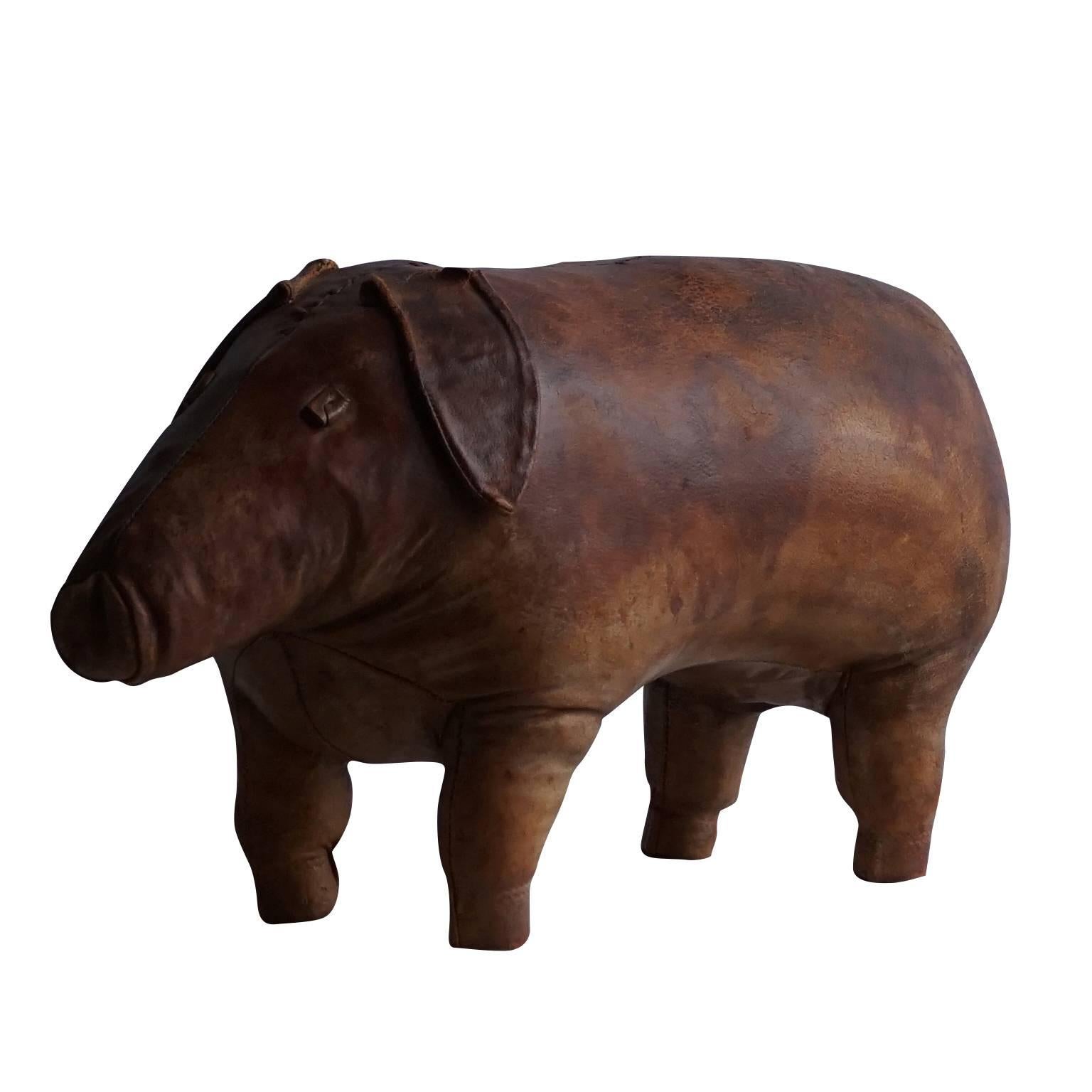Leather ottoman footrest animal was one of the initial designs of Dimitri Omersa. The design was followed by an elephant, a donkey, a rhino and other animal made in leather, handcrafted, circa 1960.
Measures: H 13” x L 28” x D 10”.