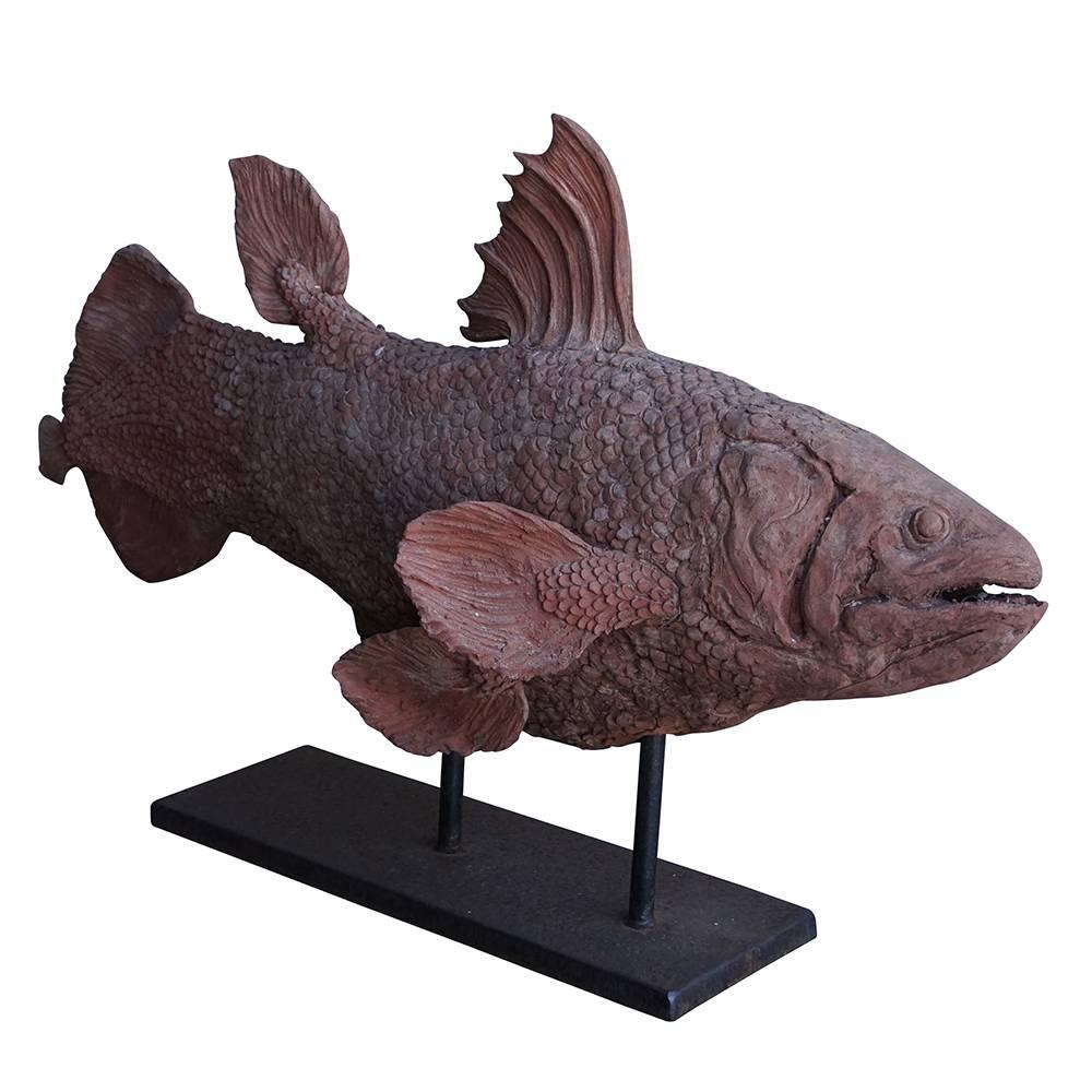 20th century, A large terra cotta clay fish, detailed and handmade statuette of a Mediterranean spigola mounted on a rectangular metal base. circa 1950 Liguria, Northern, Italy.