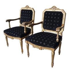 Antique Italian Gilded Fauteuils, Louis XVI Style, Circa 1780