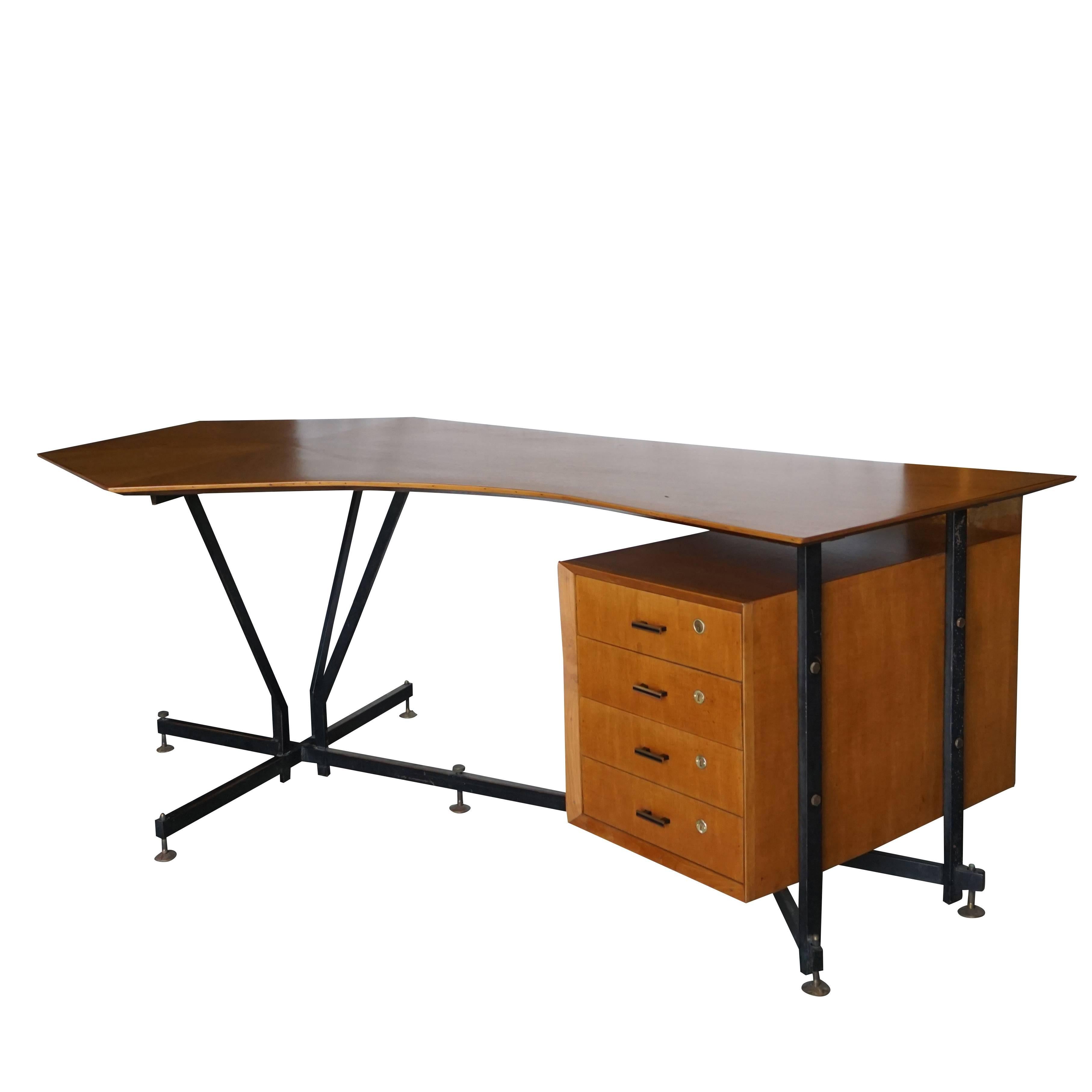 1950s Italian desk in a trapezoid design with a very long teak top, floating attached drawers on an iron frame designed by Studio PFR (Gio Ponti, Antonio Fornaroli and Alberto Roselli), 1955 Milan, Italy.