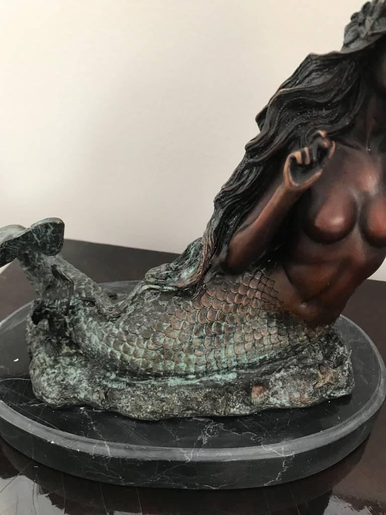 Mid-Century Modern Nude Bronze Mermaid with Green Patina In Excellent Condition In North Bergen, NJ