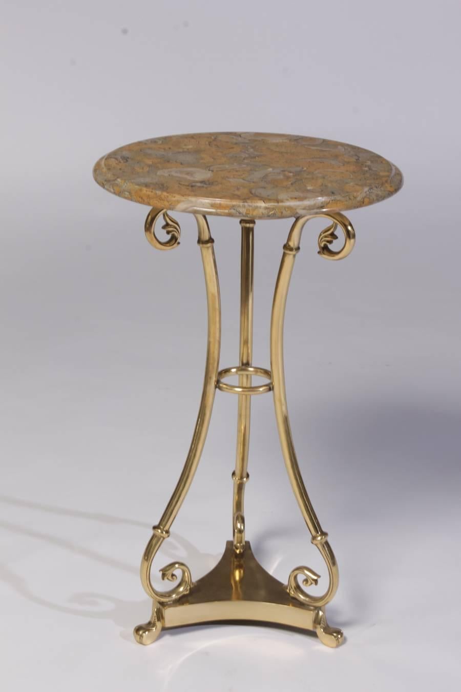 Mid-Century Modern Pair of Brass Marble Top Gueridons For Sale