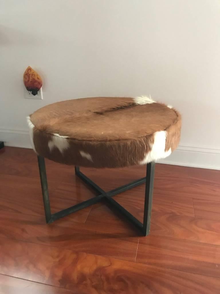 Mid-Century Modern Circular Upholstered Cowhide Bench
