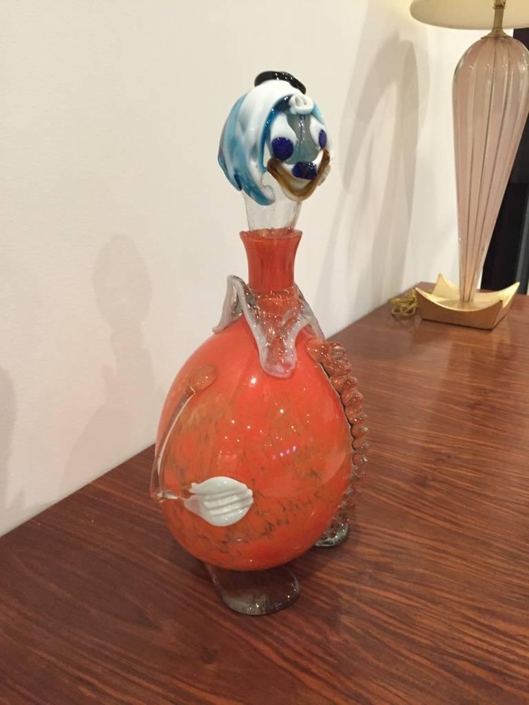 Italian Hand Blown “Murano” Glass Clown Decanter with Stopper For Sale